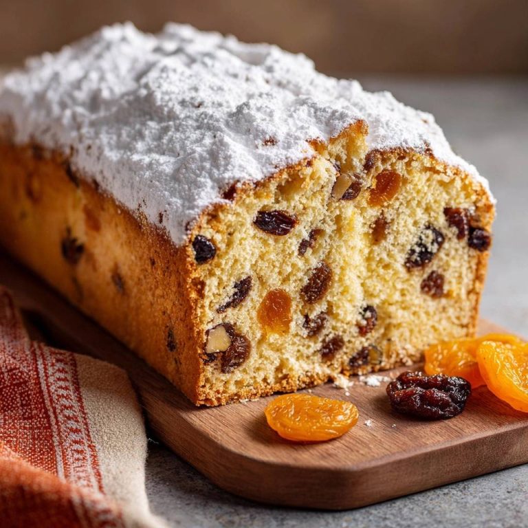 Rosinen-Aprikosen-Stollen mit saftigem Querschnitt, der die Früchte und Nüsse im Inneren des Gebäckstücks zeigt.