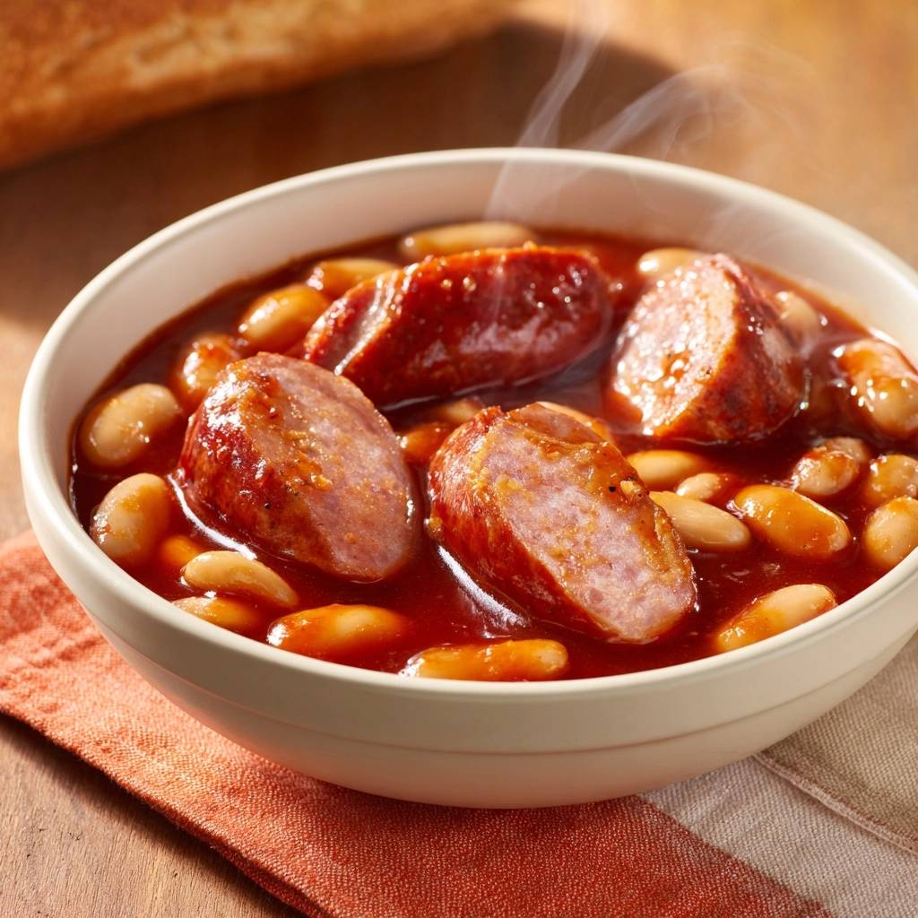 Rustikaler Bohnen Wurst Eintopf Nahaufnahme 1 Rustikaler Bohnen-Wurst-Eintopf in einer Schüssel aus nächster Nähe, mit dampfenden Würstchen und weißen Bohnen in einer herzhaften Sauce.
