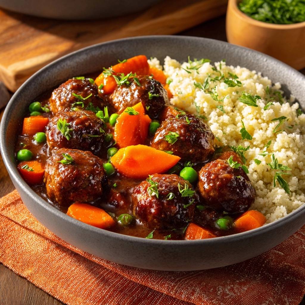 Saftige Fleischbaellchen Gemuese So Couscous Serviert 1 Saftige Fleischbällchen in Gemüse-Soße mit Couscous, serviert in einer Schüssel, mit Karotten, Erbsen und frischen Kräutern.