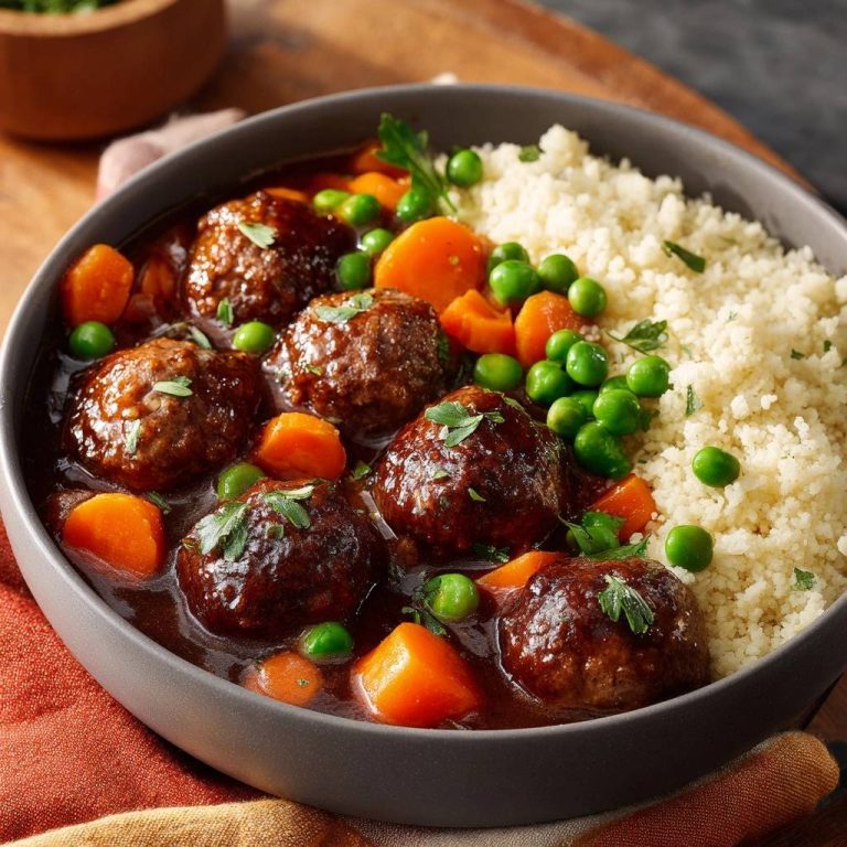 Saftige Fleischbällchen in Gemüse-Soße mit Couscous, serviert in einer Schüssel, mit Erbsen und Karotten garniert, bereit zum Genießen.
