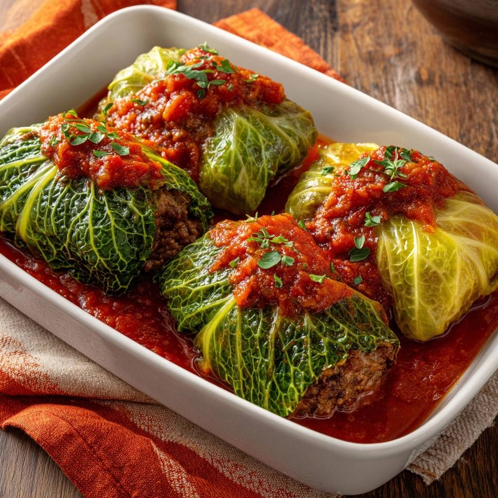 Saftige Hack Kohlrouladen In Tomatenso E Draufsicht 1 Saftige Hack-Kohlrouladen in Tomatensoße, serviert in einer Auflaufform, mit frischer Petersilie garniert und von oben fotografiert.