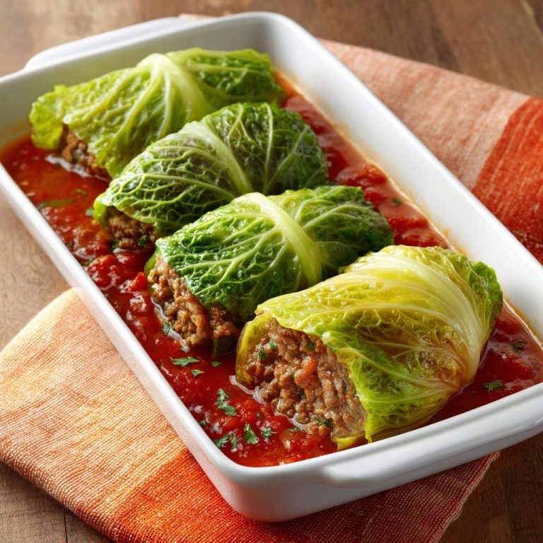 Saftige Hack-Kohlrouladen in Tomatensoße in einer weißen Auflaufform serviert, mit einer Nahaufnahme der gefüllten Kohlblätter.