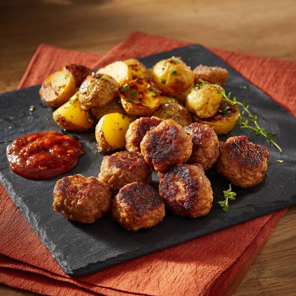 Saftige Knusprige Frikadellen Mit Kraeuterkartoffeln Draufsi 1 Saftige knusprige Frikadellen mit Kräuterkartoffeln, serviert auf einem dunklen Teller, zusammen mit Kartoffeln und Soße.