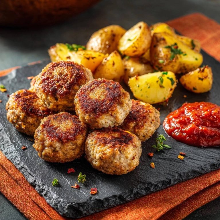 Saftige knusprige Frikadellen mit Kräuterkartoffeln, serviert auf einem dunklen Teller, zusammen mit gerösteten Kartoffeln und einer Tomatensauce.