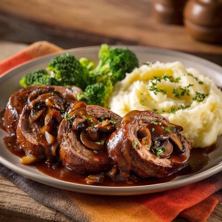 Saftige Pilz-Rinderröllchen mit Püree und Brokkoli serviert auf einem Teller, mit Champignons und Soße bedeckt. Ein köstliches, herzhaftes Gericht.