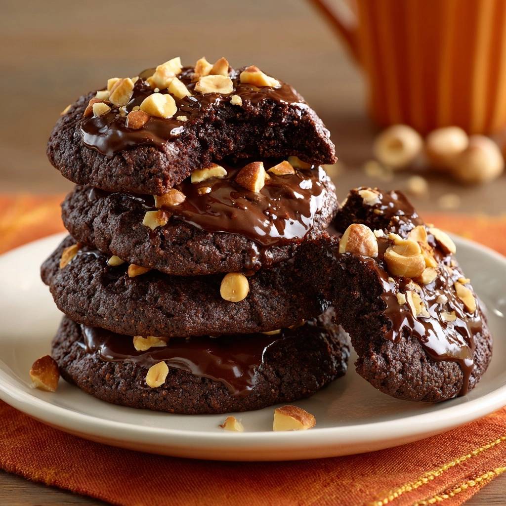 Saftige Schoko Haselnuss Cookies Querschnitt 1 Saftige Schoko-Haselnuss-Cookies in Nahaufnahme mit angeschnittenem Cookie, der die saftige Textur zeigt und mit Nüssen garniert ist.