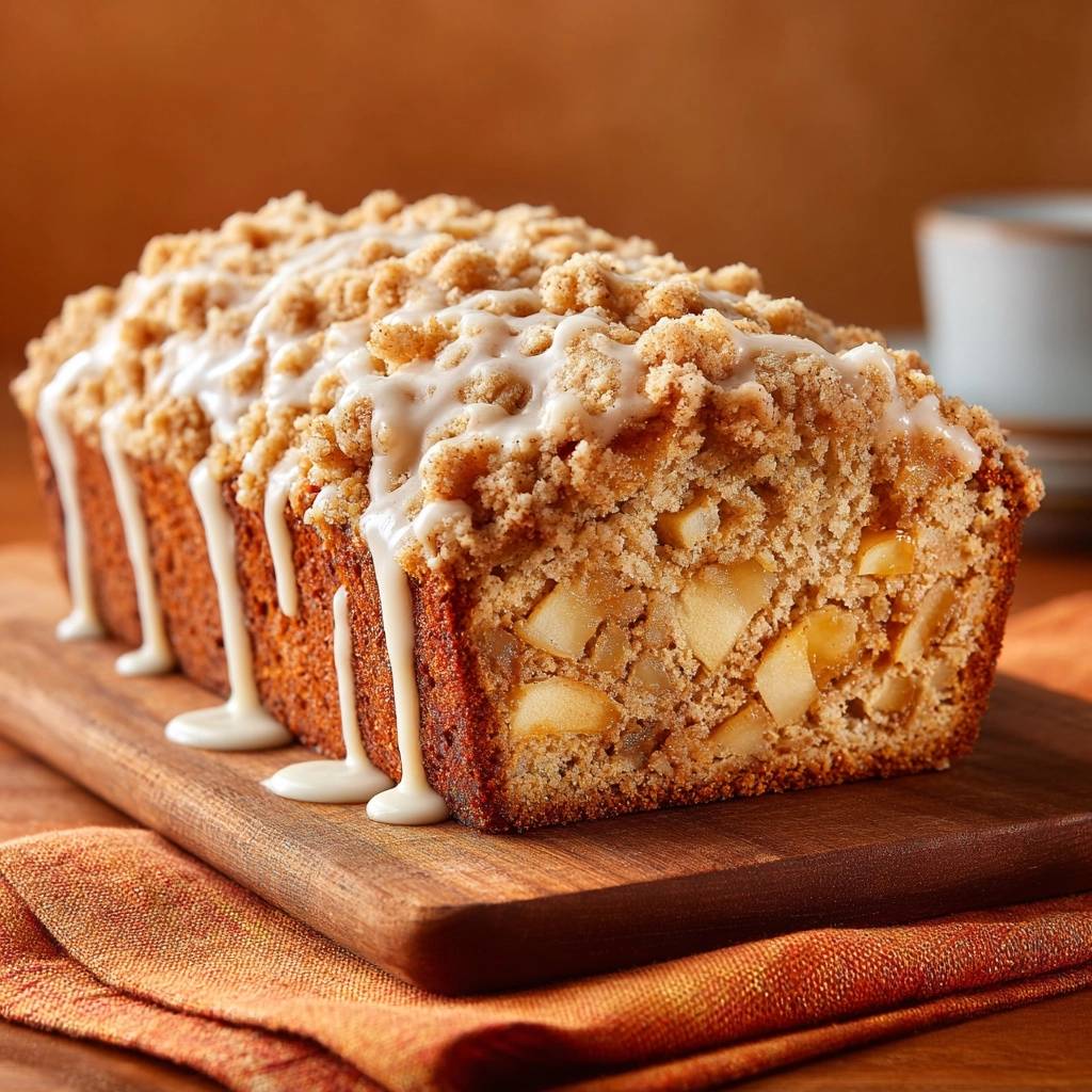 Saftiger Apfel Streuselkuchen Nahaufnahme Glasiert 1 Saftiger Apfel-Streuselkuchen in Nahaufnahme, verziert mit einer cremigen Glasur, die über die knusprige Kruste fließt. Ein köstlicher Genuss für jeden Anlass.