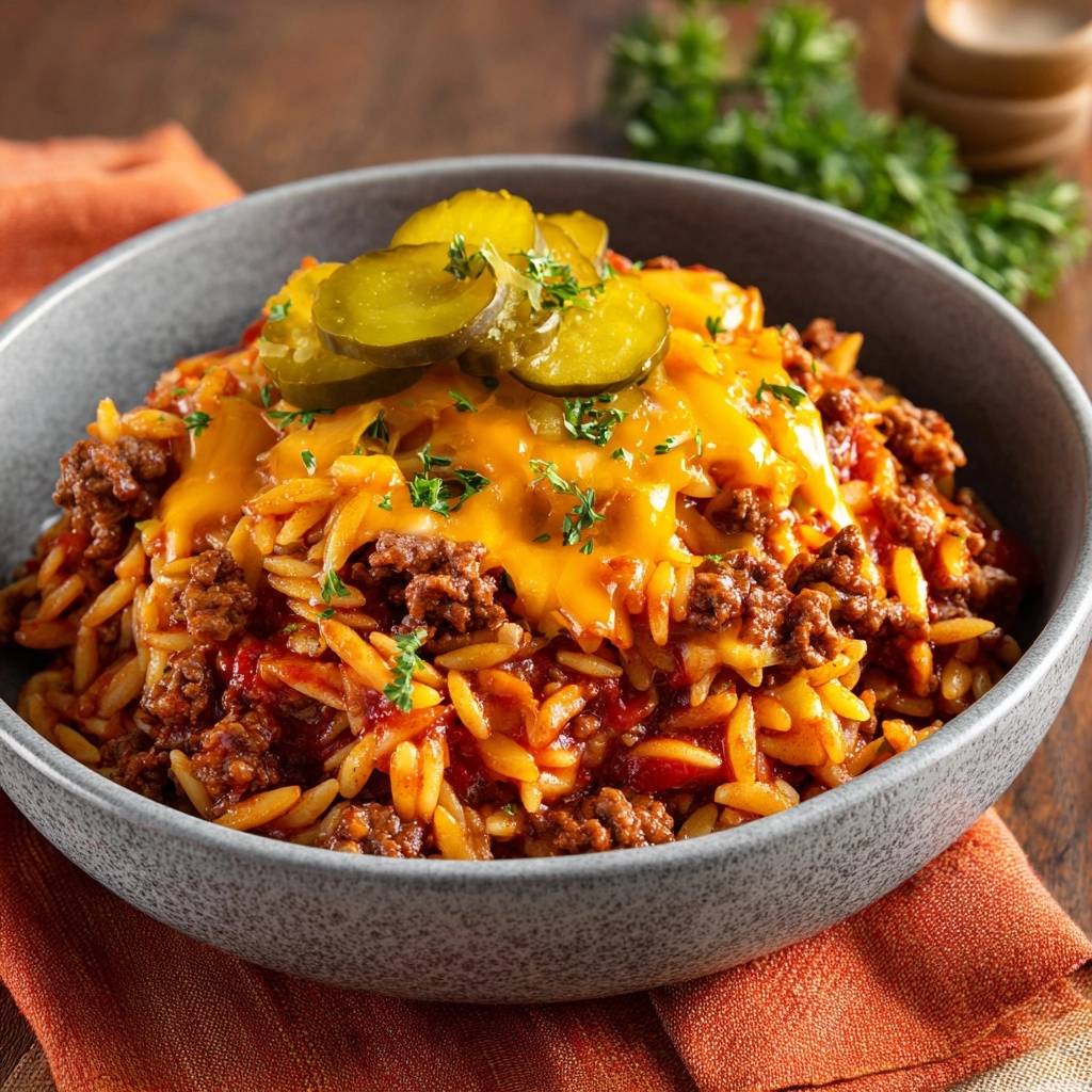 Saftiger Hack Orzo Mit Cheddar Und Gurken Draufsicht 1 Saftiger Hack-Orzo mit Cheddar und Gurken, serviert in einer Schüssel, garniert mit sauren Gurken und frischer Petersilie.