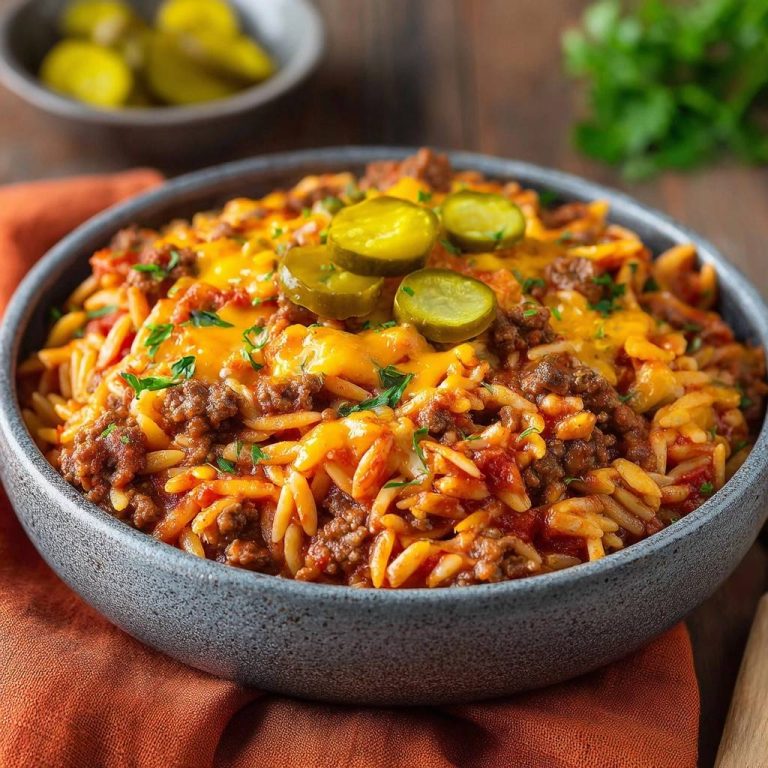 Saftiger Hack-Orzo mit Cheddar und Gurken in einer Schüssel serviert, garniert mit Gurkenscheiben und frischer Petersilie.