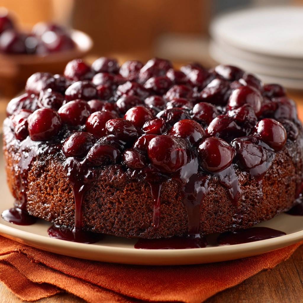 Saftiger Kirschkuchen Draufsicht Mit Kirschen 1 Saftiger Kirschkuchen, der von oben fotografiert wurde, bedeckt mit glänzenden Kirschen und einer köstlichen Kirschsauce.