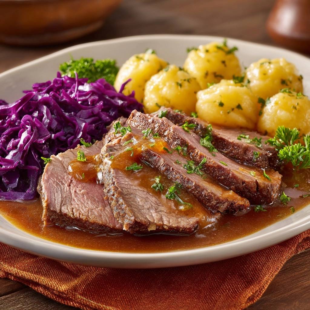 Saftiger Rinderbraten Mit Rotkohl Serviert 1 Saftiger Rinderbraten mit Rotkohl und Kartoffelknödeln, serviert auf einem Teller mit Bratensoße und frischer Petersilie. Ein köstliches Sonntagsessen.