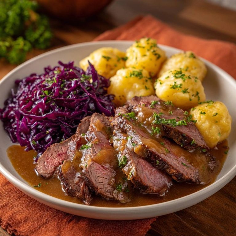 Saftiger Rinderbraten mit Rotkohl und Kartoffelknödeln serviert auf einem Teller, garniert mit frischer Petersilie und serviert mit Soße.