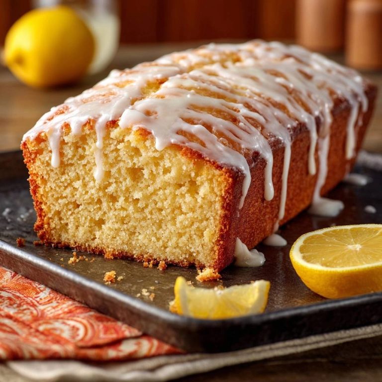 Saftiger Zitronenkuchen mit köstlicher Glasur, die über die goldbraune Kruste tropft. Ein verlockender Blick auf den angeschnittenen Kuchen.