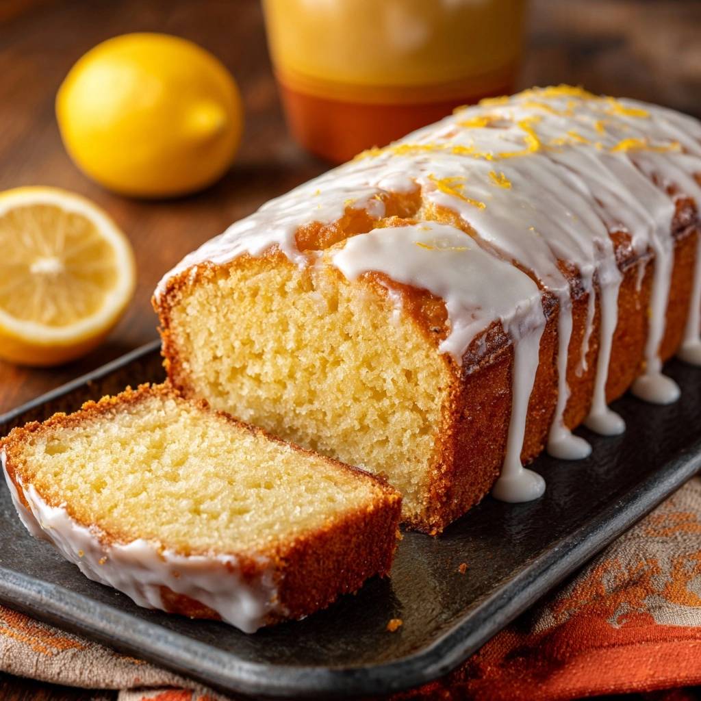 Saftiger Zitronenkuchen Querschnitt Glaze 1 Saftiger Zitronenkuchen mit Glasur, im Anschnitt gezeigt. Der Kuchen ist goldbraun gebacken und die saftige Textur ist deutlich sichtbar.