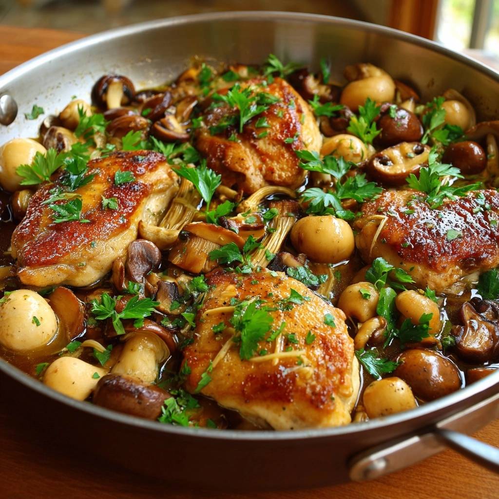 Saftiges Hahnchen Mit Pilzen Und Oliven Draufsicht 1 Saftiges Hähnchen mit Pilzen und Oliven in einer Pfanne, serviert mit frischer Petersilie und einer köstlichen Sauce, von oben betrachtet.
