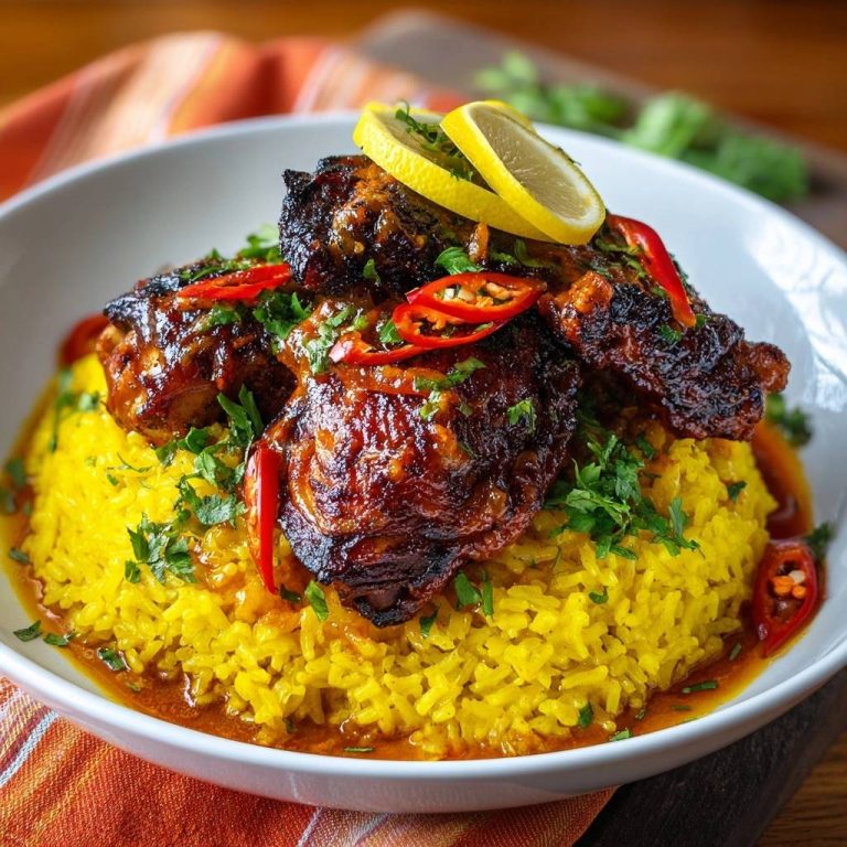 Saftiges Hähnchen-Curry mit gelbem Reis serviert in einer weißen Schüssel, garniert mit Chili, Zitrone und frischen Kräutern.