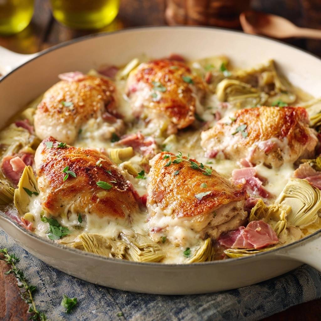Saftiges Huhnchen Mit Artischocken Prosciutto Und Kase Drauf 1 Saftiges Hähnchen mit Artischocken, Prosciutto und Käse in einer Pfanne, zubereitet mit geschmolzenem Käse und frischen Kräutern.
