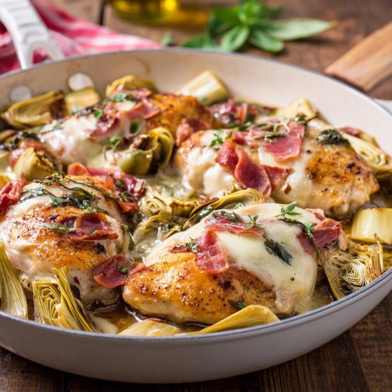 Saftiges Hähnchen mit Artischocken, Prosciutto und Käse in einer Nahaufnahme, serviert in der Pfanne mit geschmolzenem Käse und frischen Kräutern.