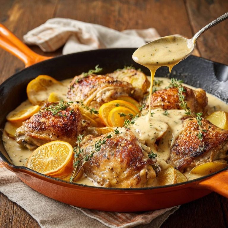 Saftiges Hähnchen mit Orangen-Kartoffeln, serviert in einer gusseisernen Pfanne, mit köstlicher Sauce übergossen, die auf die knusprige Haut tropft.