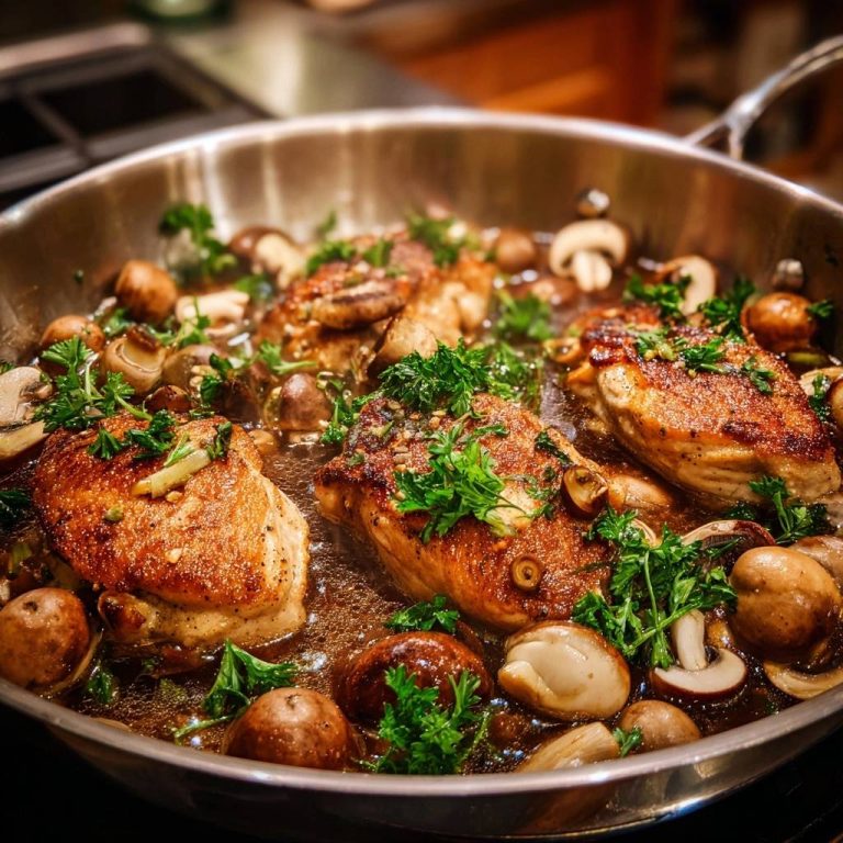 Saftiges Hähnchen mit Pilzen und Oliven in einer Pfanne, draufsicht. Das Gericht ist frisch zubereitet und mit frischer Petersilie garniert.