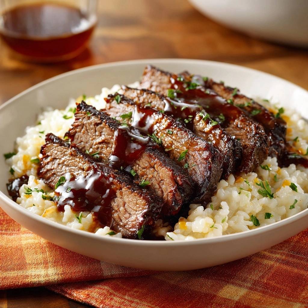 Saftiges Pulled Beef Mit Cremigem Reis Serviert 1 Saftiges Pulled Beef mit cremigem Reis, serviert in einer Schüssel, mit einer dunklen Sauce beträufelt und mit frischer Petersilie garniert.