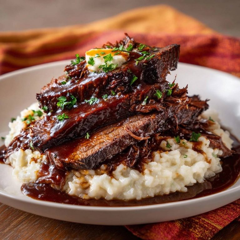 Saftiges Pulled Beef mit cremigem Reis, serviert auf einem weißen Teller, üppig mit Bratensauce bedeckt und mit frischer Petersilie garniert.