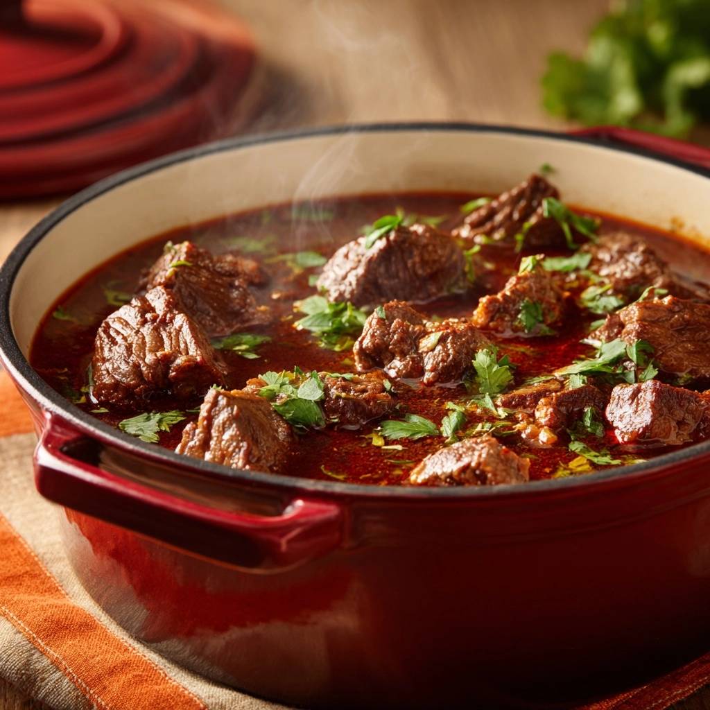 Saftiges Rindergulasch Nahaufnahme Mit Dampf 1 Saftiges Rindergulasch in einer roten Kochpfanne, eine Nahaufnahme mit aufsteigendem Dampf, garniert mit frischer Petersilie.