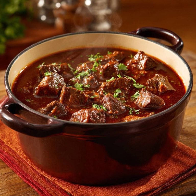 Saftiges Rindergulasch in einem rustikalen Topf, aus der Draufsicht fotografiert, mit frischer Petersilie garniert. Das Fleisch schmort in einer dunklen Soße.