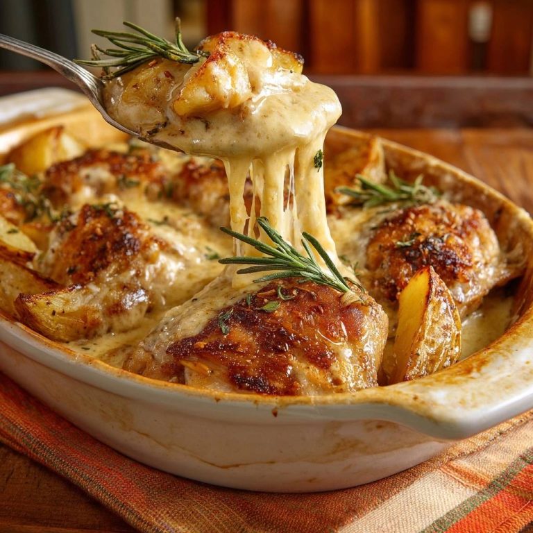 Saftiges Rosmarin-Hähnchen mit Kartoffelgratin in Nahaufnahme, wobei der geschmolzene Käse von der Servierkelle gezogen wird.