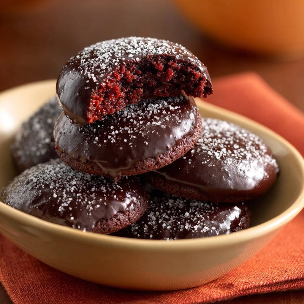 Salzige Schoko Cookies Angeschnitten 1 Salzige Schoko-Cookies, mit Schokoladenguss und grobem Zucker bestreut, zeigen eine köstliche, rote Innenansicht nach dem Biss.