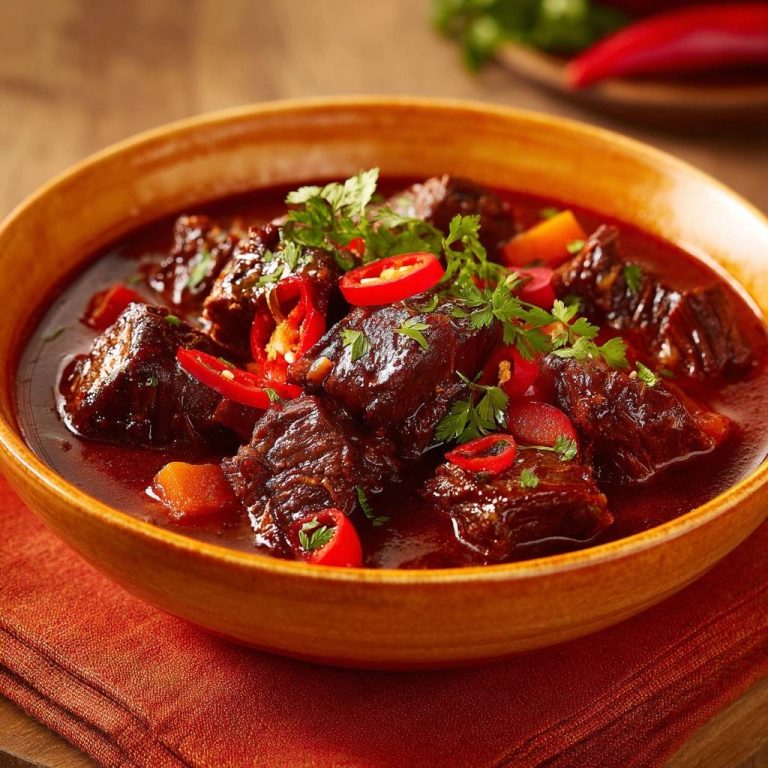 Scharfes Rindfleisch-Chili in Nahaufnahme, garniert mit frischen Chiliringen und Kräutern, serviert in einer rustikalen Schüssel.
