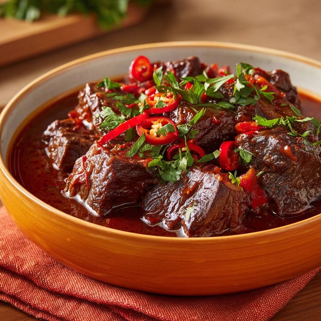 Scharfes Rindfleisch Chili Nahaufnahme Serviert 1 Scharfes Rindfleisch-Chili in Nahaufnahme serviert, mit frischen Chiliringen und Kräutern garniert in einer rustikalen Schüssel.