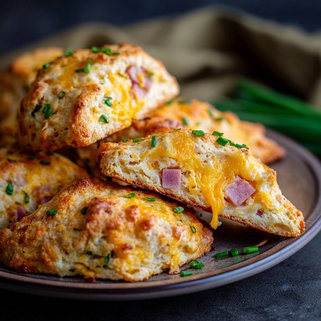 Schinken Kase Scones Querschnitt Nahaufnahme 1 Schinken-Käse-Scones mit Schnittlauch, hier in einer Nahaufnahme, zeigen einen saftigen Querschnitt mit geschmolzenem Käse und Schinken.