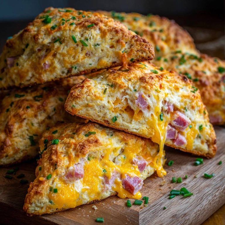 Schinken-Käse-Scones mit Schnittlauch in Nahaufnahme: Ein saftiger Querschnitt zeigt geschmolzenen Käse und herzhaften Schinken.