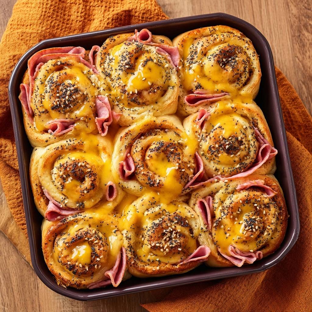Schinken Kase Sesam Rollen Draufsicht 1 Schinken-Käse-Sesam-Rollen in einer Auflaufform, eine vollständige Draufsicht auf die goldbraun gebackenen, mit Käse überbackenen Brötchen.
