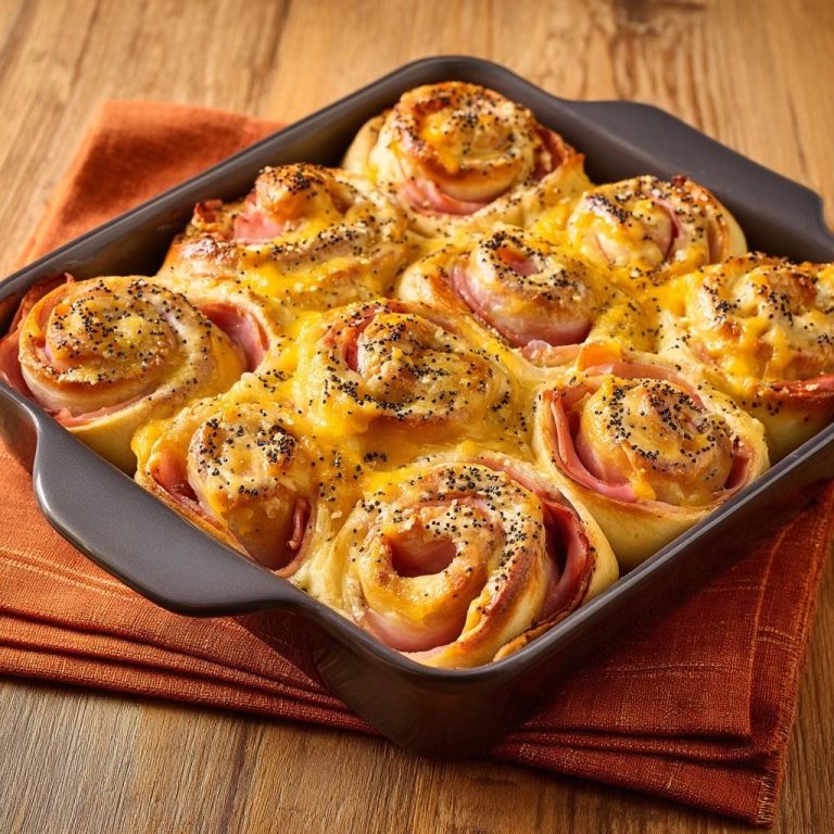 Schinken-Käse-Sesam-Rollen in einer Auflaufform, frisch gebacken und mit Käse überbacken. Die fluffigen Rollen sind mit Mohn bestreut.