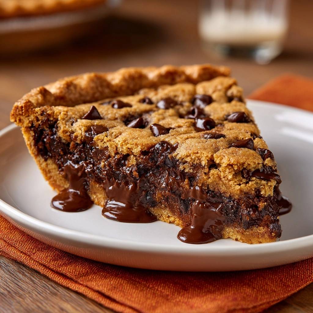 Schoko Chip Cookie Pie Querschnitt 1 Schoko-Chip-Cookie-Pie: Ein Nahaufnahme-Querschnitt zeigt die geschmolzene Schokoladenfüllung, die aus dem frisch gebackenen Teig quillt.