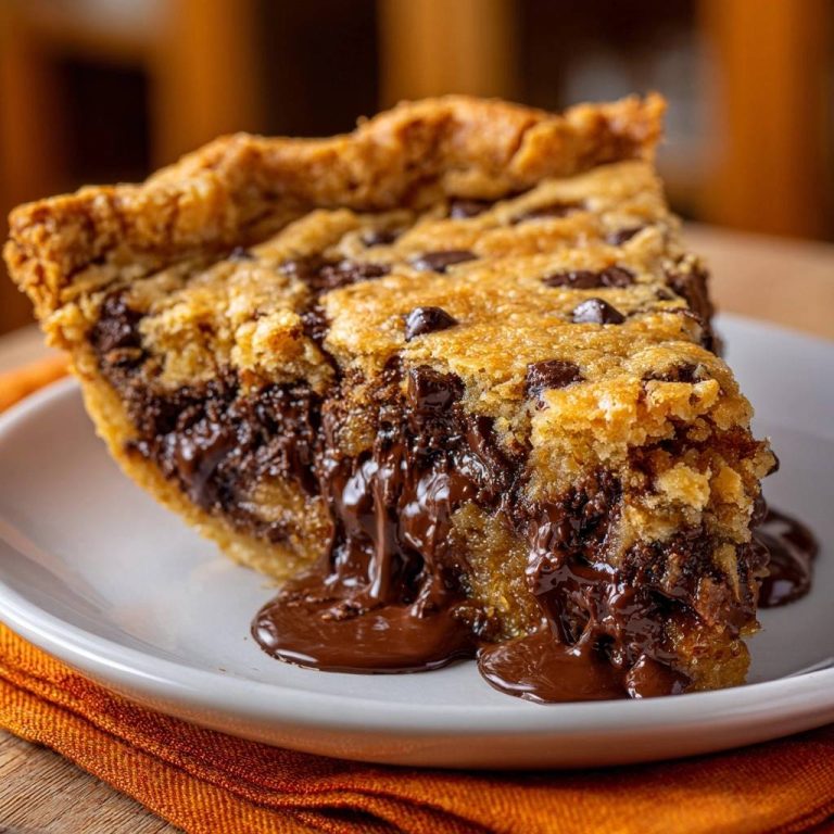 Schoko-Chip-Cookie-Pie: Ein Nahaufnahme-Querschnitt zeigt den flüssigen Schokoladenkern, der aus der frisch gebackenen Cookie-Tarte fließt.