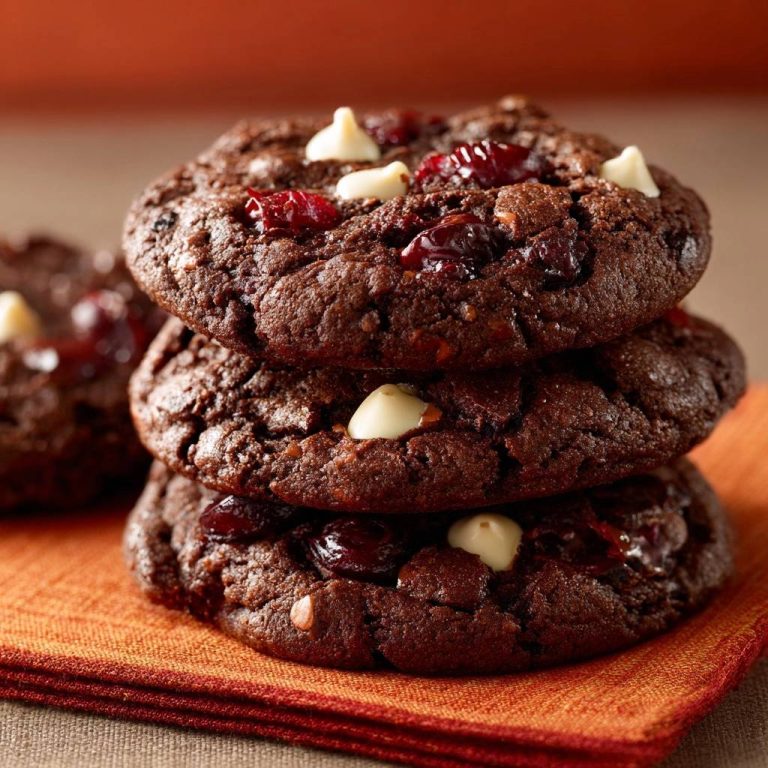 Schoko-Cranberry-Cookies in Nahaufnahme gestapelt, mit weißen Schokostückchen und getrockneten Cranberries. Die leckeren, saftigen Kekse sind frisch gebacken.