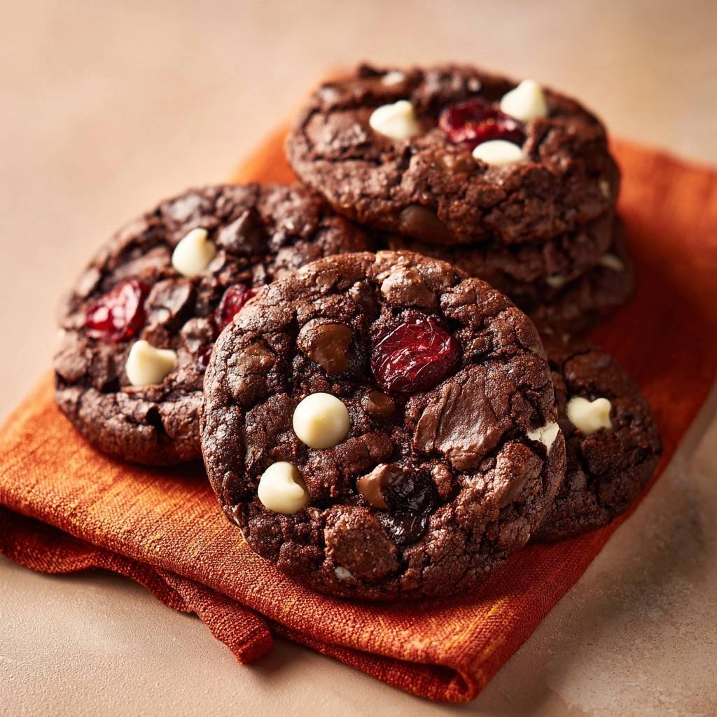 Schoko Cranberry Cookies Nahaufnahme Auf Serviette 1 Schoko-Cranberry-Cookies in Nahaufnahme auf einer orangefarbenen Serviette serviert, mit weißen Schokoladenstückchen und Cranberries.