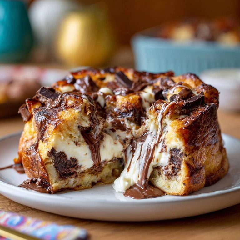 Schoko-Creme French Toast Ring mit einem saftigen Anschnitt, der eine cremige Schokoladenfüllung offenbart, serviert auf einem weißen Teller.