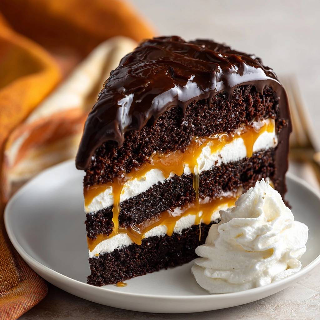 Schoko Karamell Sahnetorte Querschnitt Serviert 1 Schoko-Karamell-Sahnetorte serviert auf einem Teller. Die Nahaufnahme zeigt den köstlichen Querschnitt mit Karamell und Sahne.