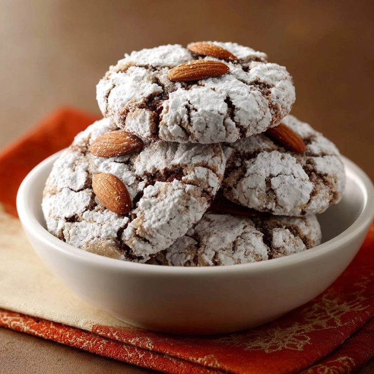 Schoko-Mandel-Crinkle-Kekse in einer weißen Schüssel serviert, mit Mandeln garniert und mit Puderzucker bestäubt. Die knusprigen Kekse sind ein echter Genuss.