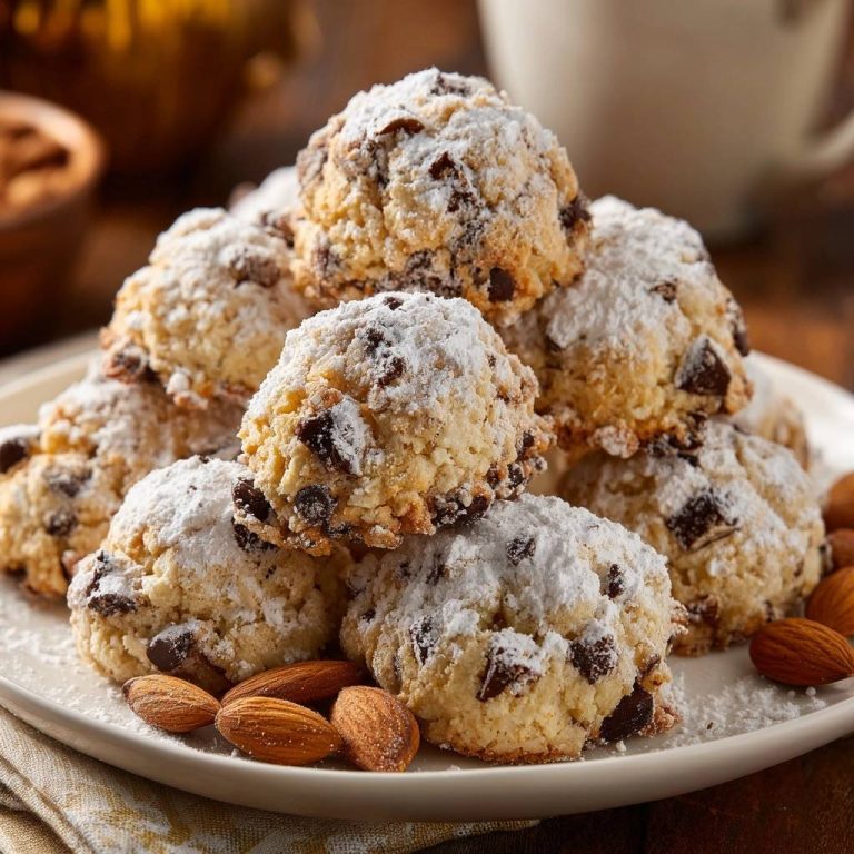 Schoko-Mandel-Schneebällchen, serviert auf einem weißen Teller, sind mit Puderzucker bestäubt und mit Mandeln garniert.
