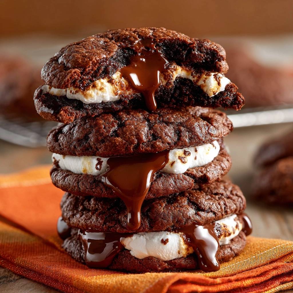 Schoko Marshmallow Sandwich Cookies Querschnitt 1 Schoko-Marshmallow-Sandwich-Cookies im Nahaufnahme gezeigt, mit einem Blick auf den geschmolzenen Marshmallow und die Schokoladenfüllung.