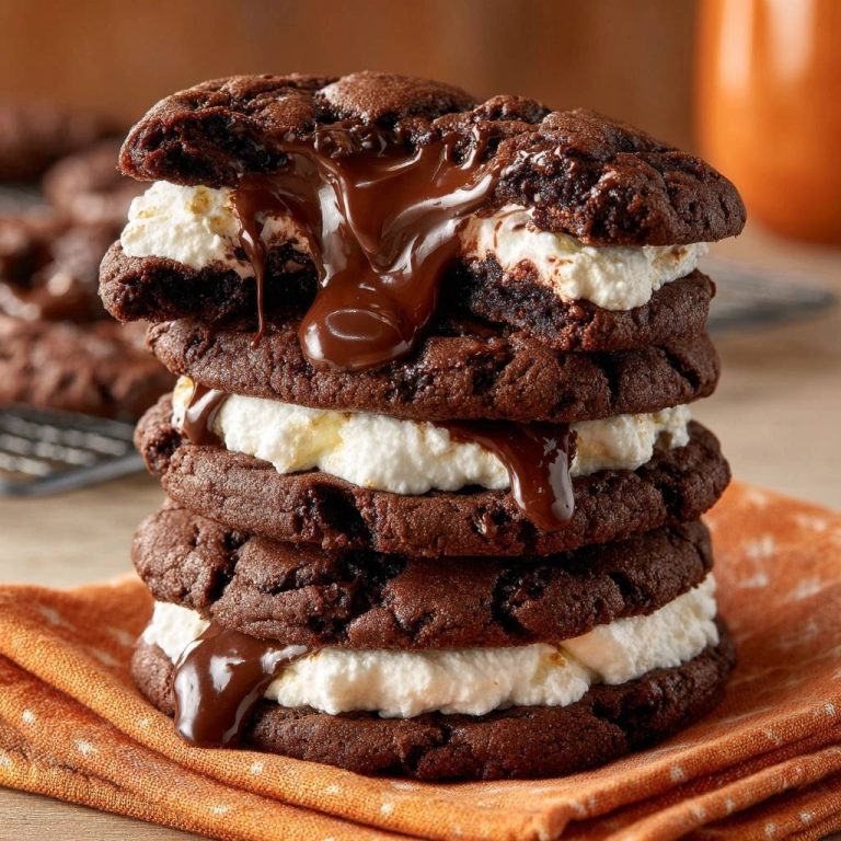 Schoko-Marshmallow-Sandwich-Cookies im Querschnitt, mit geschmolzener Schokolade und Marshmallow-Füllung, die aus den Keksen herausläuft.