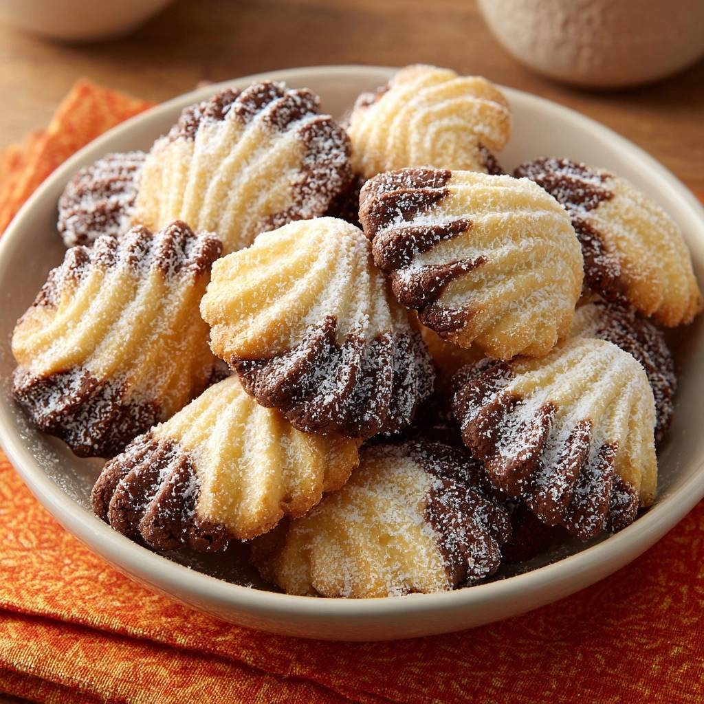Schoko-Vanille-Spritzgebäck in Nahaufnahme, leicht mit Puderzucker bestäubt, in einer cremefarbenen Schüssel serviert. Die zweifarbigen Kekse sind frisch gebacken.