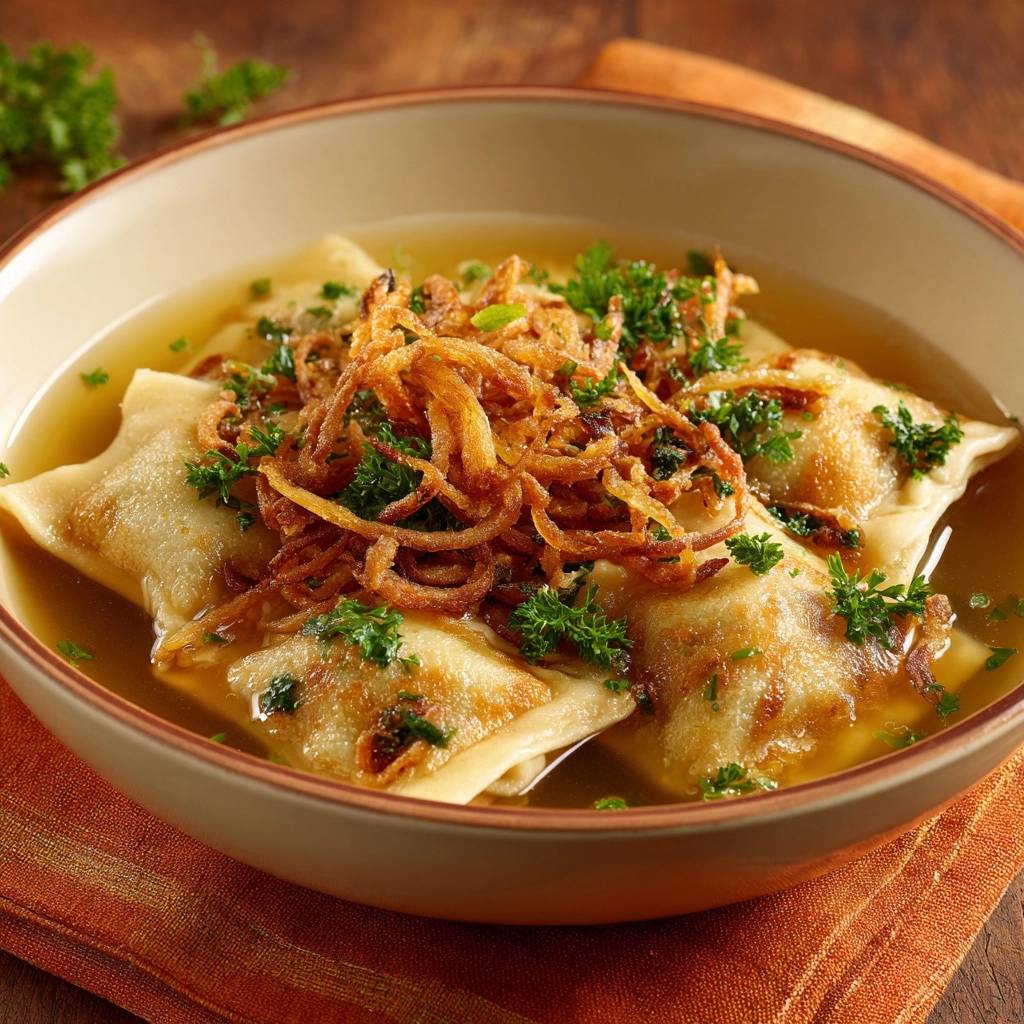 Schwabische Maultaschen In Goldener Bruhe Serviert 1 Schwäbische Maultaschen in goldener Brühe, serviert in einer cremefarbenen Schüssel, garniert mit frischer Petersilie und knusprigen Zwiebeln.