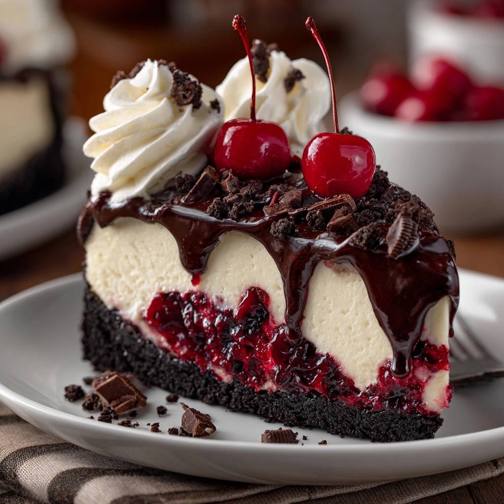Schwarzwlder Cheesecake Querschnitt Serviert 1 Schwarzwälder Cheesecake, serviert als köstliches Stück auf einem Teller, mit einer Nahaufnahme des cremigen Käsekuchens und der Kirschfüllung.