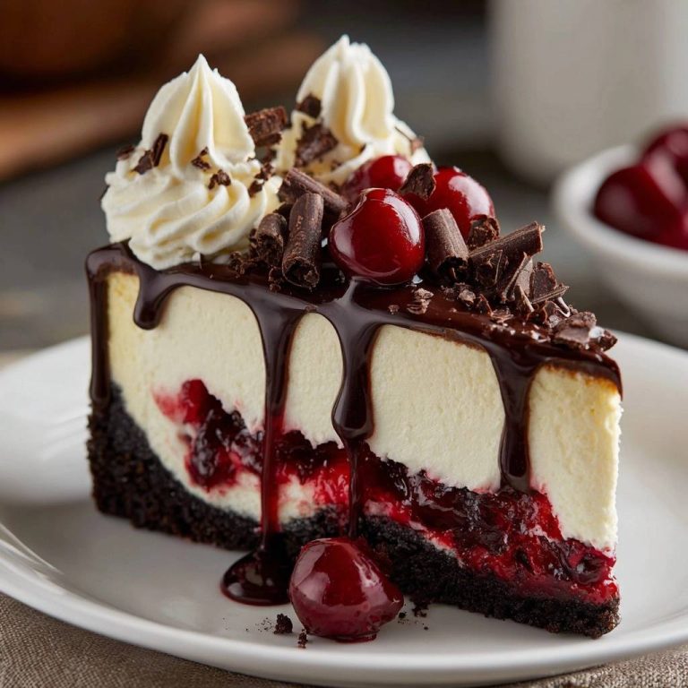Schwarzwälder Cheesecake, serviert auf einem Teller, zeigt einen verlockenden Querschnitt mit Kirschfüllung und Schokosauce.